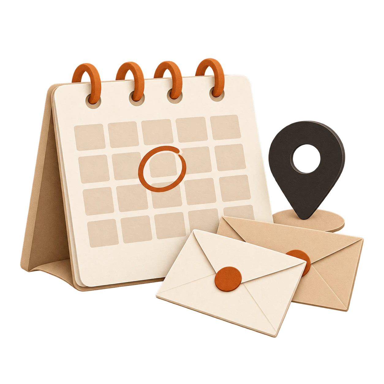 Illustration of a calendar, invitations and venue location