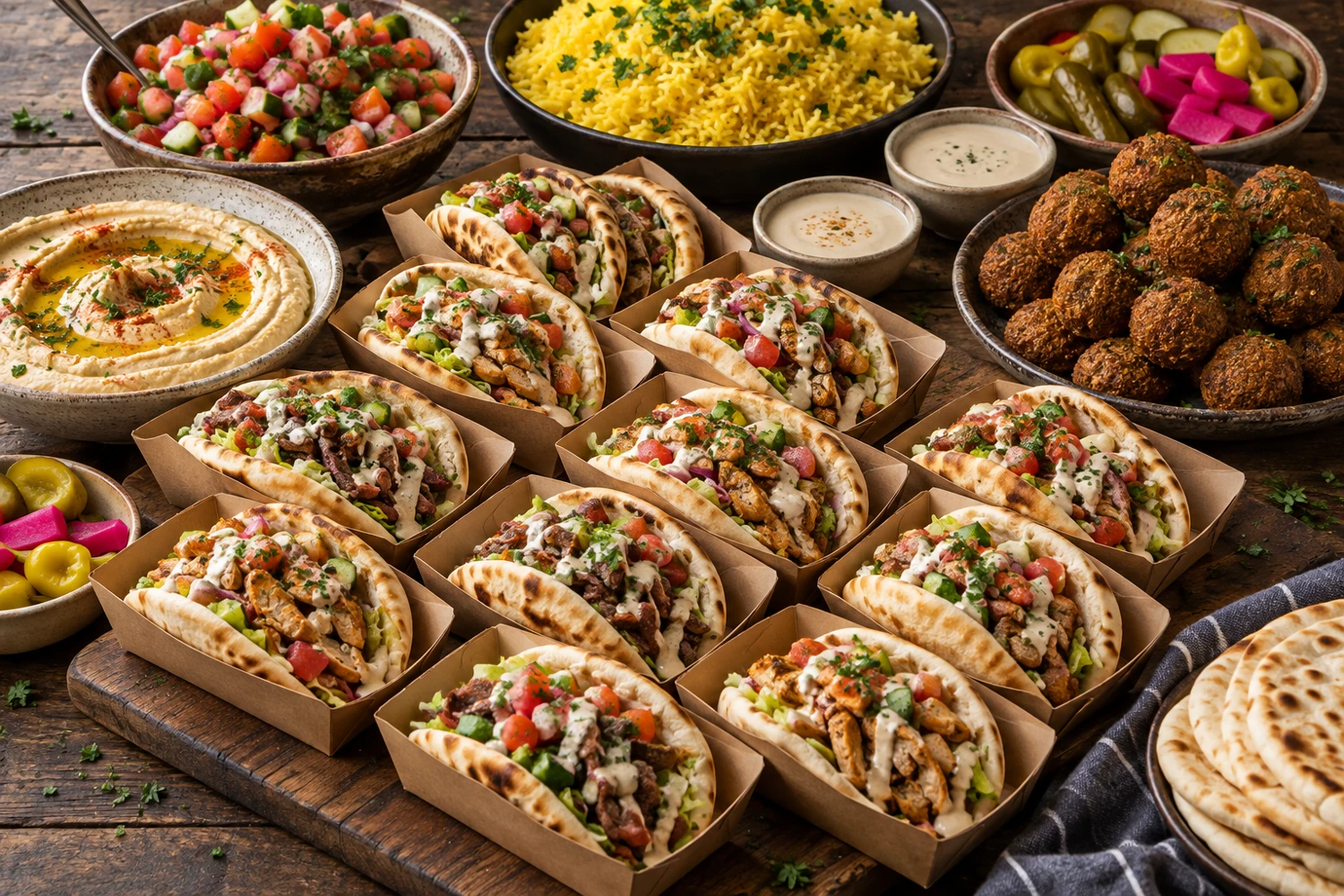 Shawarma sandwiches and sides ready to share at a party