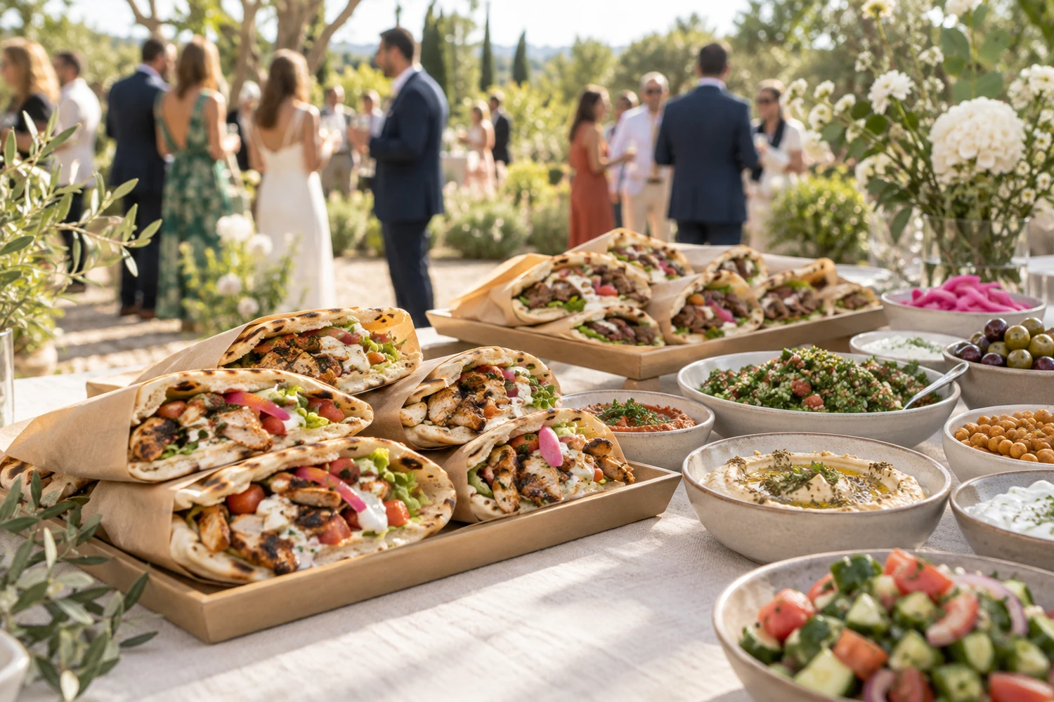 Shawarma catering table at a garden wedding